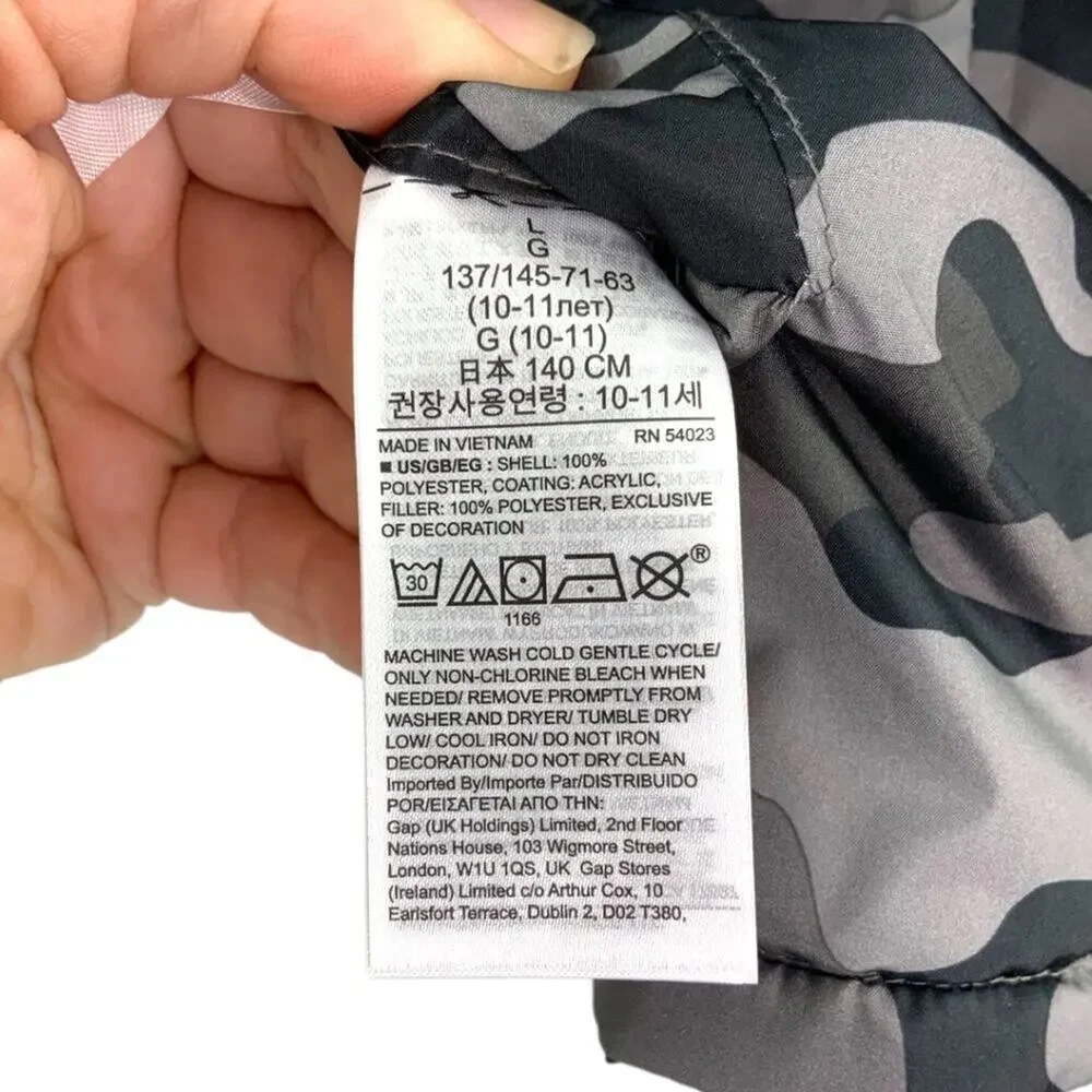 GAP Kids Cold Control Reversible Puffer Jacket Black Camo Size Large $60 MSRP